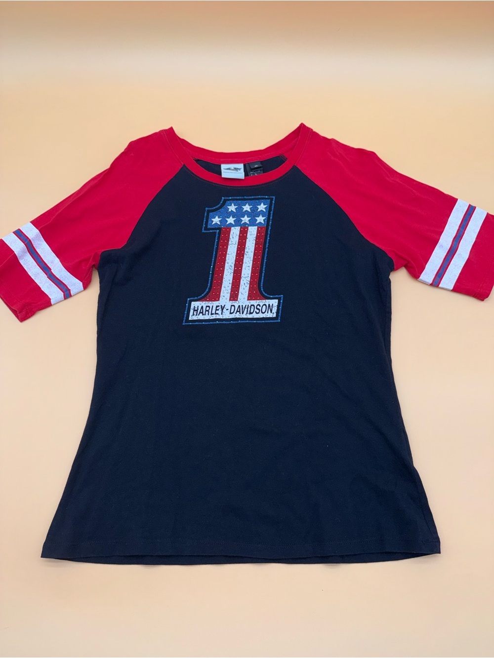 Harley-Davidson Red Navy Americana #1 Rhinestone Raglan T-Shirt Motorcycle Girl